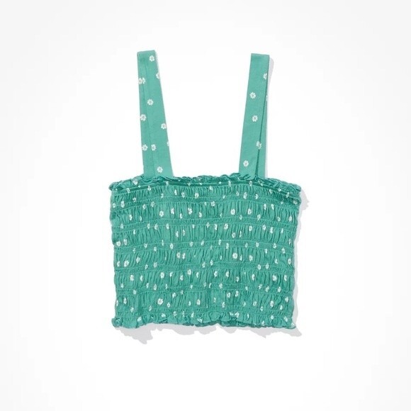 Anerican Eagle Cropped Smocked Floral Tank Top Cotton Modal Blend Teal Size XS - Picture 5 of 13